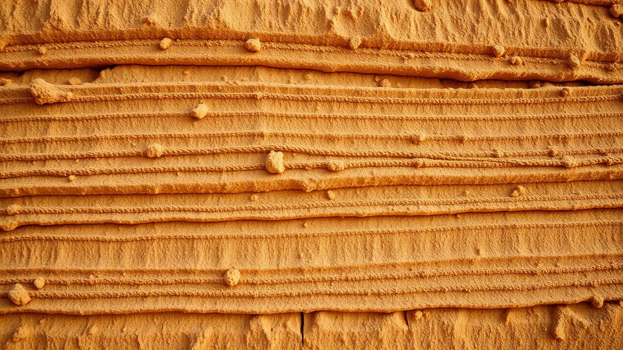 Close-up of layered rammed earth wall texture